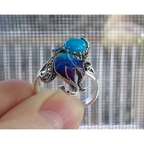 925 STERLING SILVER Simulated Turquoise Fish Ghost Marcasite Ring - Picture 6 of 16